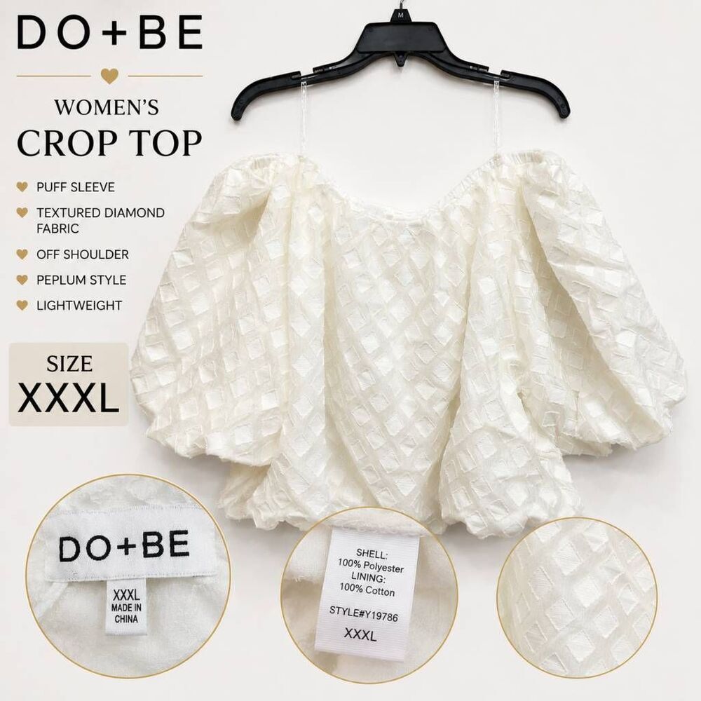 DO+BE Women's White Textured Puff Sleeve Peplum Crop Top XXXL NWT